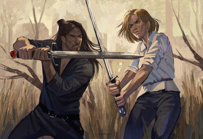 Two warriors clashing swords in a field