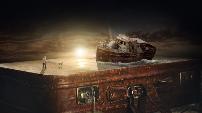 Man and dog on a suitcase island with a shipwreck