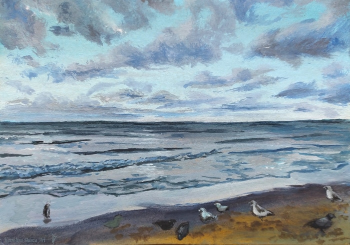 Seascape with Seagulls and Cloudy Sky