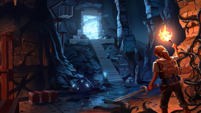 Girl with torch and sword in a cave