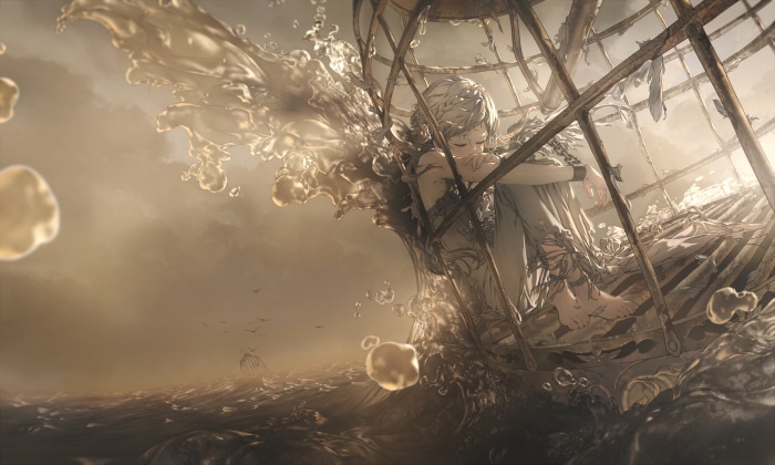 Girl in a cage surrounded by water