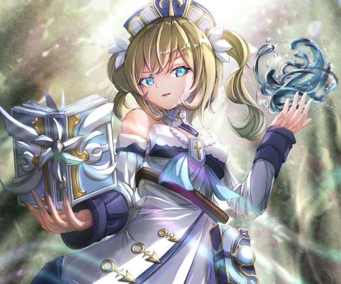 Barbara from Genshin Impact holding a book and casting water magic