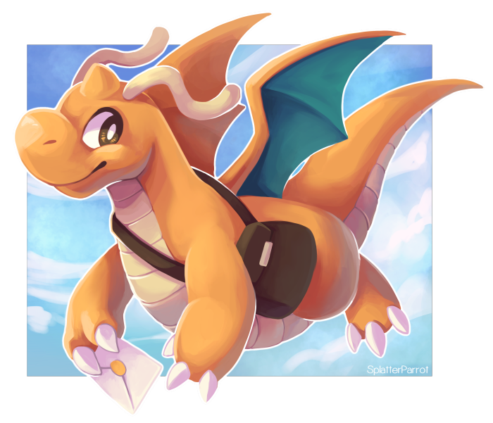Dragonite from Pokémon flying with a letter