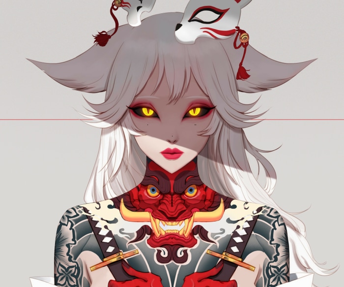Girl with Kitsune masks and Oni tattoo