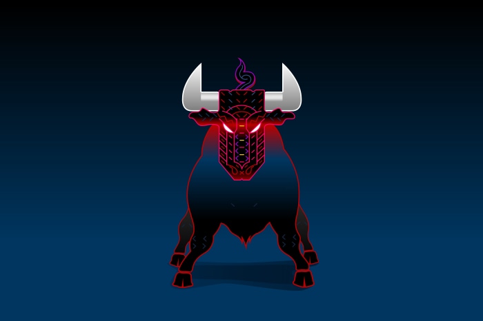 Stylized bull with glowing red eyes and horns
