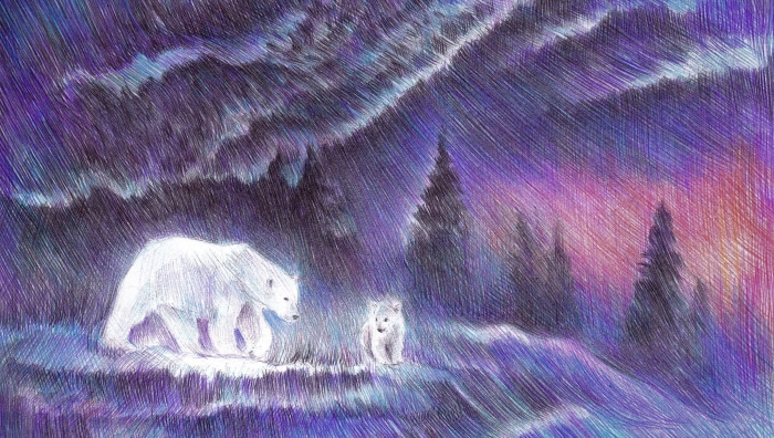 Polar bear and cub in aurora borealis