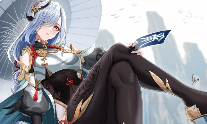 Shenhe from Genshin Impact with umbrella and fan