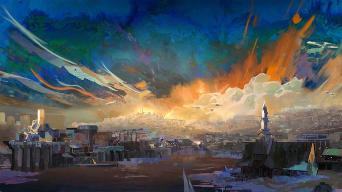 Disco Elysium cityscape with dramatic sky