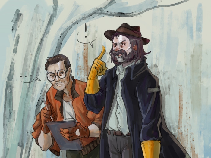 Two men in a stylized outdoor setting