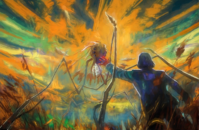 Man reaching for a spider-like creature in a field