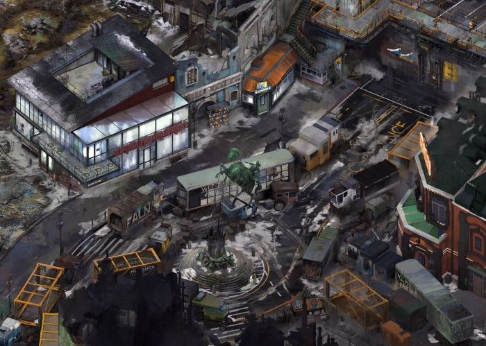 Disco Elysium cityscape with statue and buildings