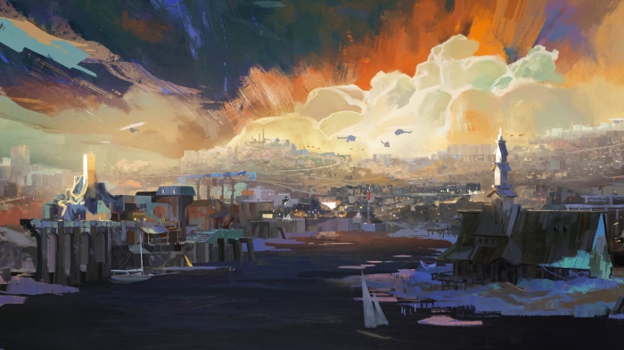 Disco Elysium cityscape with helicopters and boats