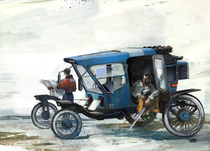 Man reading newspaper next to a blue vehicle with a man inside