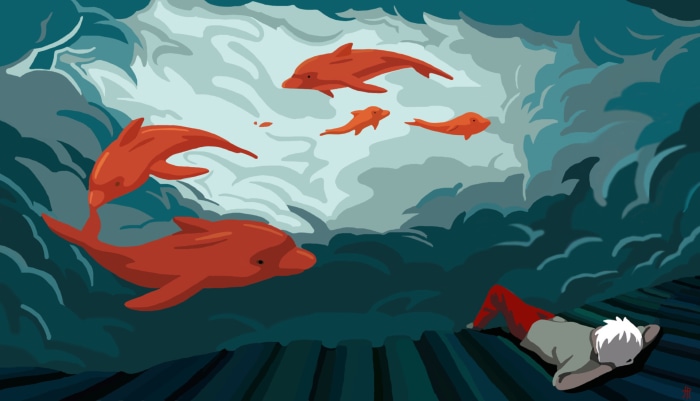 Big Fish & Begonia: Red Dolphins and a Sleeping Person