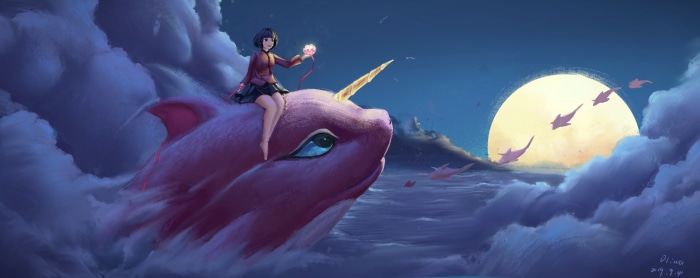 Girl riding a narwhal-like creature in the sky