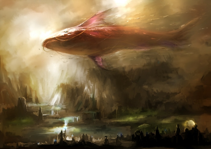 A giant flying fish over a fantasy landscape