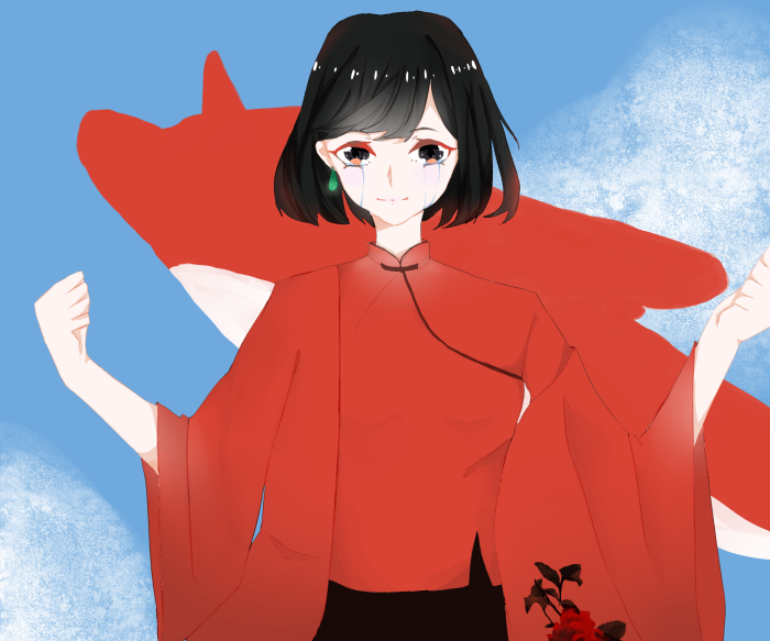 Girl in red dress with Big Fish & Begonia