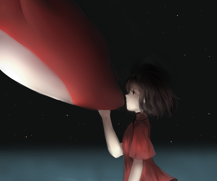 Girl with large red and white object in Big Fish & Begonia