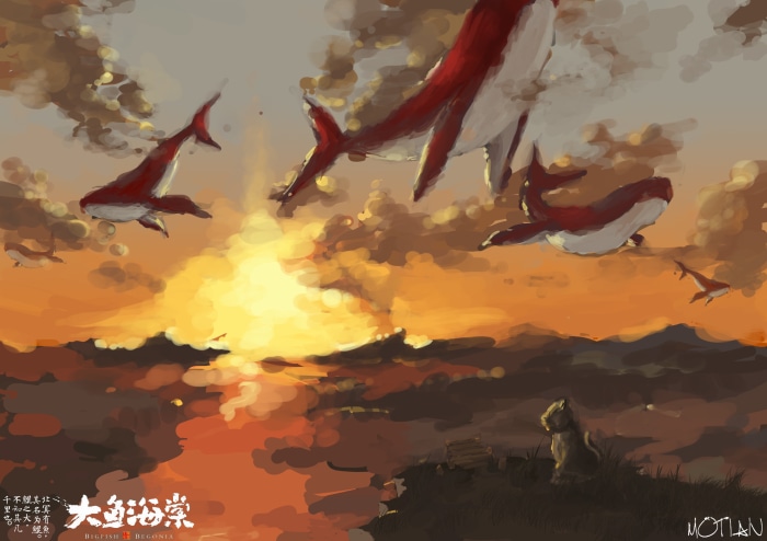 Big Fish & Begonia whales flying at sunset