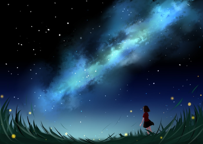 Girl looking at the Milky Way in Big Fish & Begonia