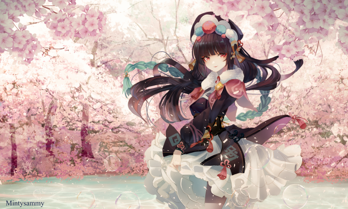 Yun Jin from Genshin Impact in a cherry blossom forest