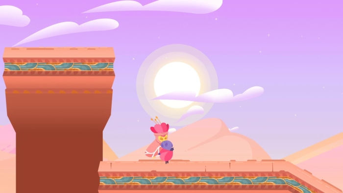 Character hugging a creature in a desert landscape