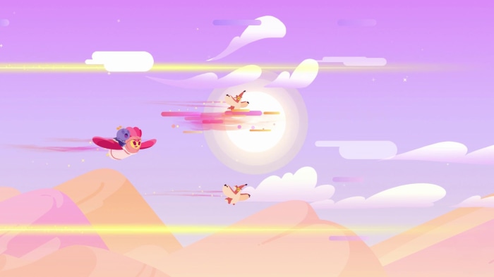 Two foxes flying near a bright sun