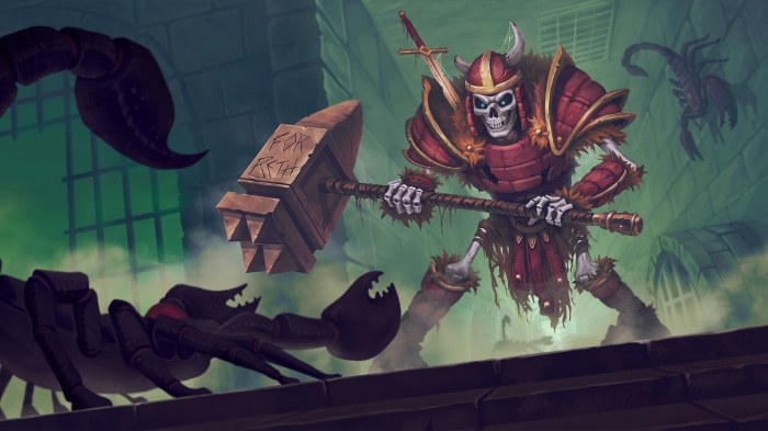 Skeleton warrior with hammer fighting scorpions