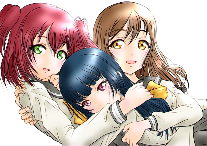Ruby Kurosawa, Yoshiko Tsushima, and Hanamaru Kunikida from Love Live! Sunshine!!