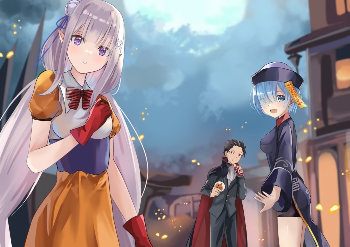 Emilia, Rem, and Subaru from Re:ZERO in Halloween costumes