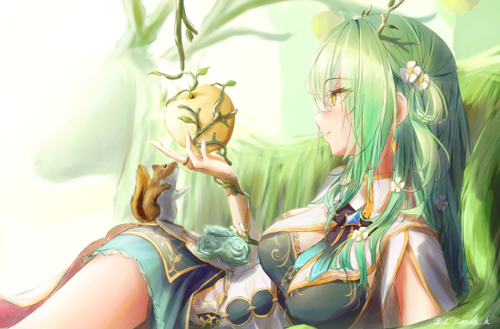 Ceres Fauna from Hololive holding an apple with a squirrel
