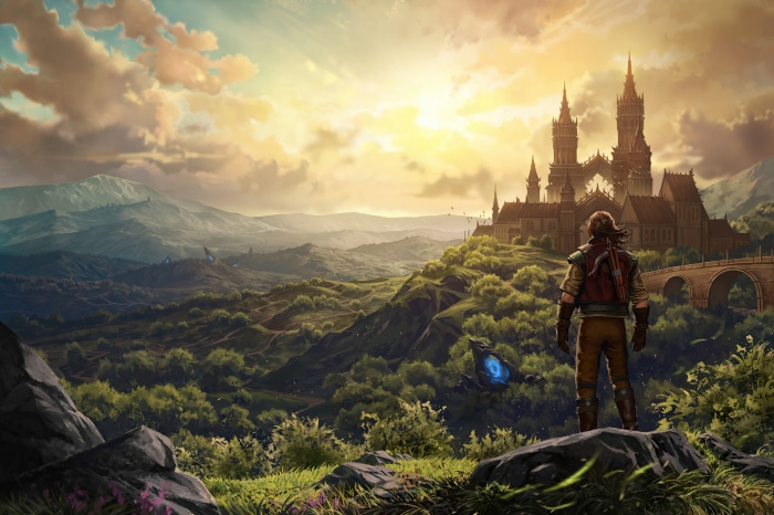 Fantasy Landscape with Castle and Traveler 4K