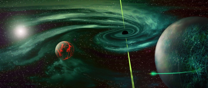 Space scene with black hole and planets