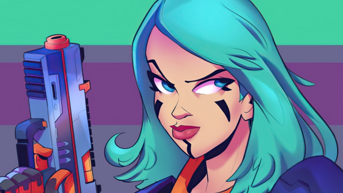 Woman with Aqua Hair Holding a Sci-Fi Gun