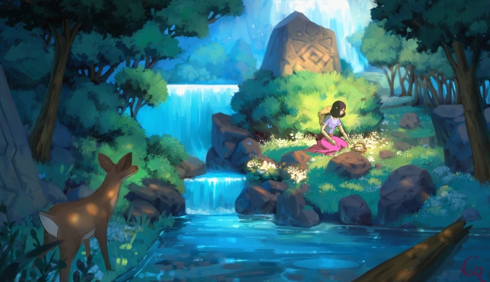Anime Nature Deer Waterfall