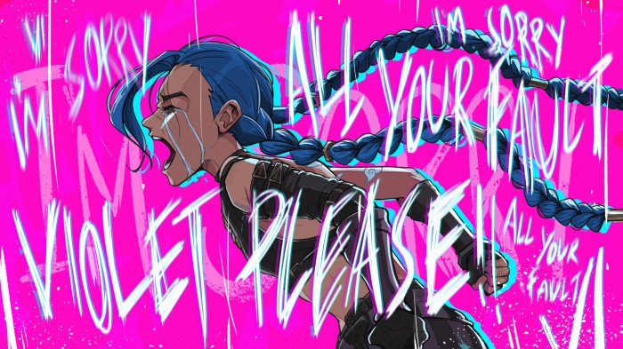 Jinx from Arcane crying with text on pink background