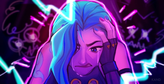 Jinx from Arcane crying with neon lights