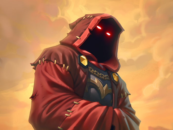 Hooded figure with glowing red eyes from Hearthstone