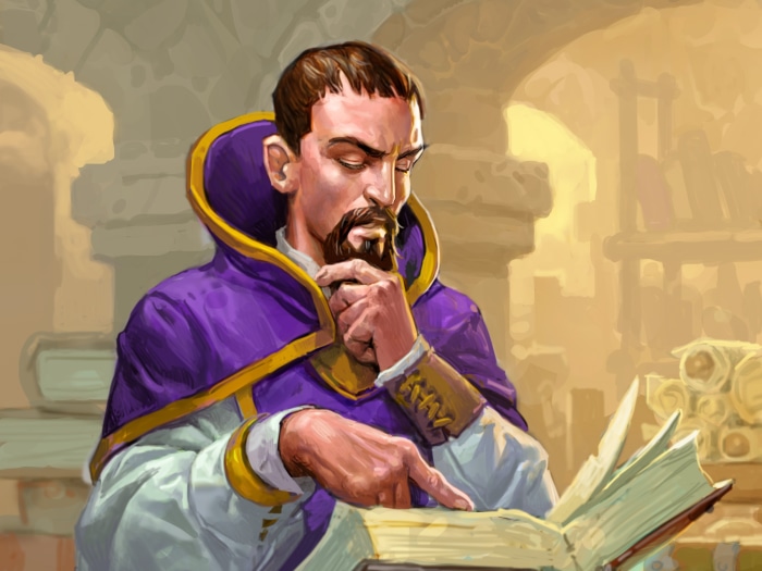 Man in purple robe reading a book in Hearthstone