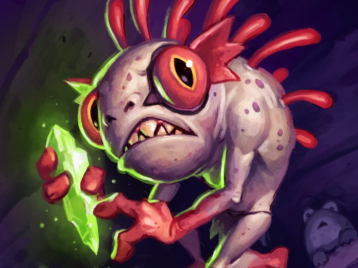 Murloc holding a glowing crystal from Hearthstone