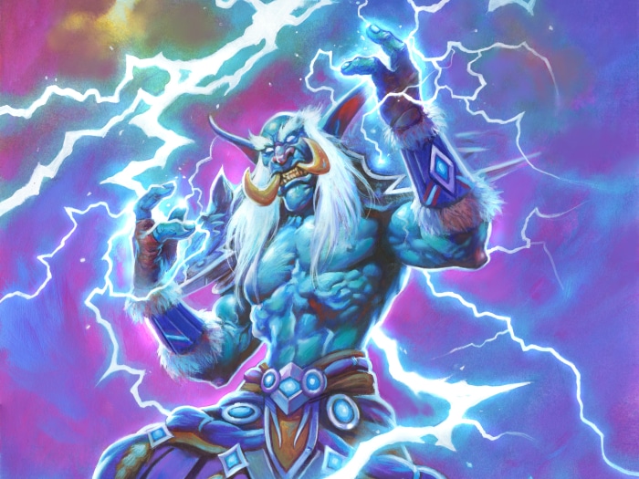 Troll Shaman casting lightning spells in Hearthstone