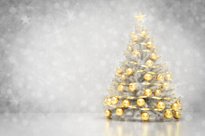 Christmas Tree with Gold Ornaments and Ribbon