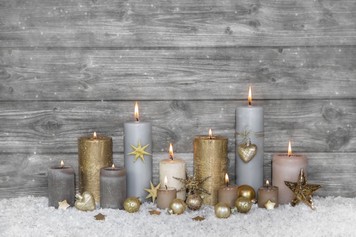 Christmas Candles with Ornaments on Wooden Background 4K