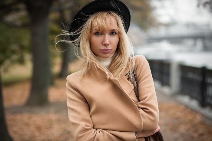 Nastya Ivanova in a beige coat and black hat