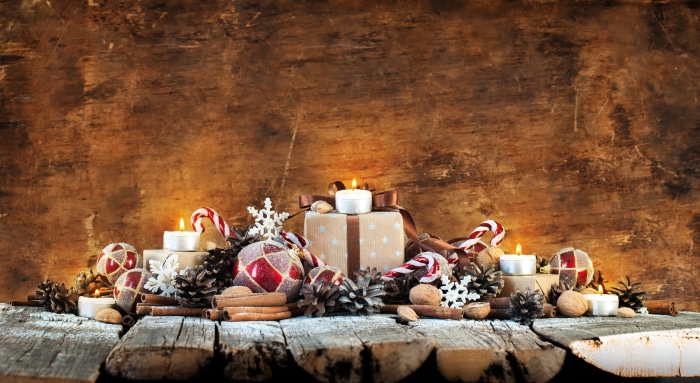 Christmas decorations with candles and gifts