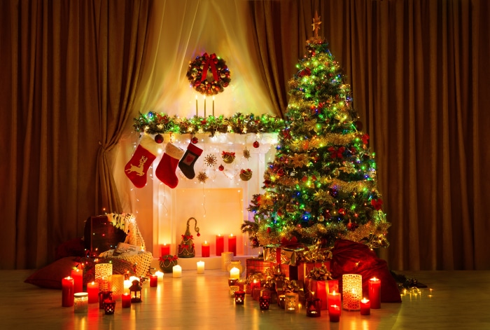 Christmas Tree and Fireplace with Decorations