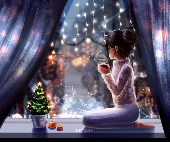 Girl with hot drink by Christmas tree