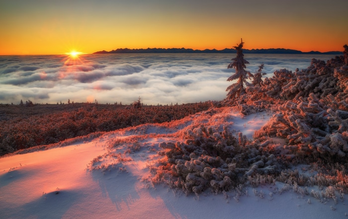 Sunrise over a sea of clouds in Poland