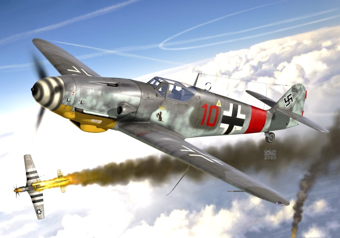 Messerschmitt Bf 109 in combat with a P-51 Mustang