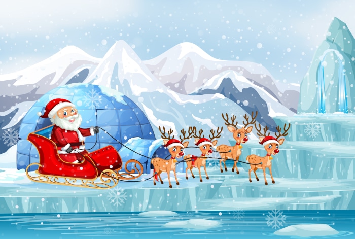 Santa Claus in a Sleigh Pulled by Reindeer in Snowy Landscape